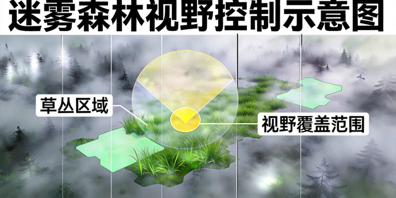 迷雾森林地图视野控制示意图，显示草丛区域与视野覆盖范围
