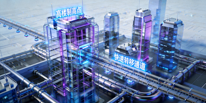 未来都市地图立体结构图，标注高楼制高点与快速转移通道