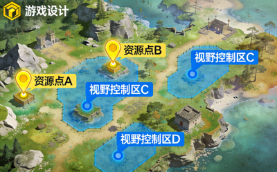 游戏地图战略要点标注图，显示资源点与视野控制区域