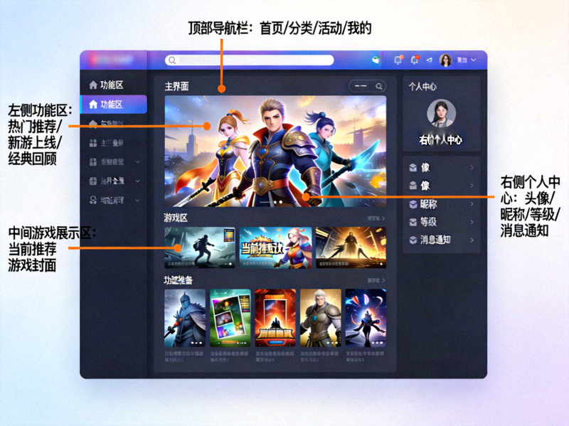 叮咚电玩游戏主界面全景标注图，详细标注各个功能区域的位置与名称